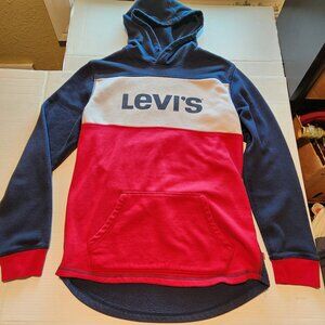 Levis VTG Sweater Mens M Red Blue Hoodie Pullover Sweatshirt Pocket Casual Y2K